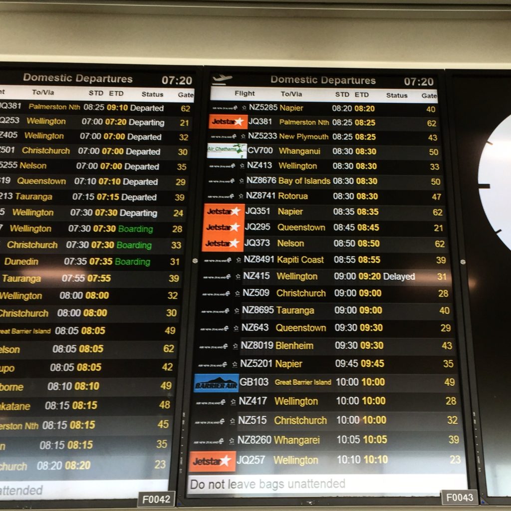 Departures board, Auckland International Airport, New Zealand