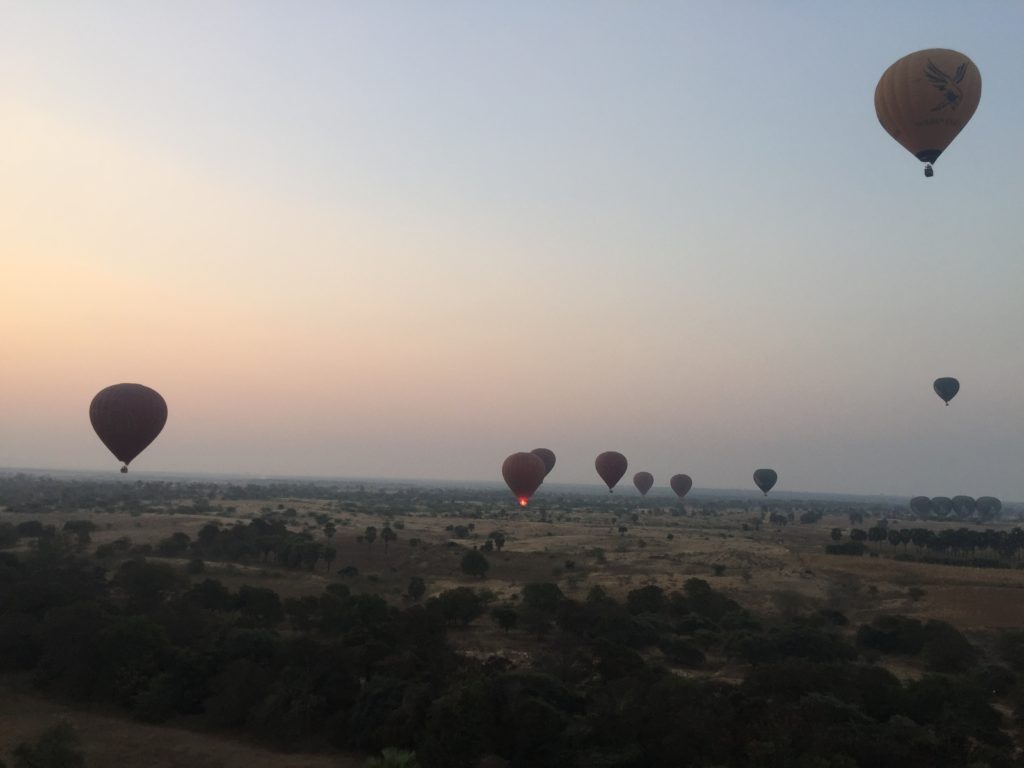 Several hot air balloons taking off in the early morning sky, Bagan, Myanmar