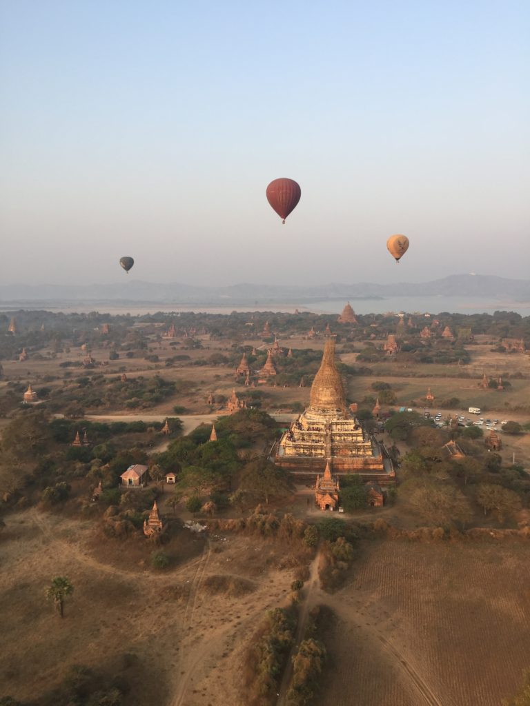 Hot air balloons floating over temples, Bagan, Myanmar