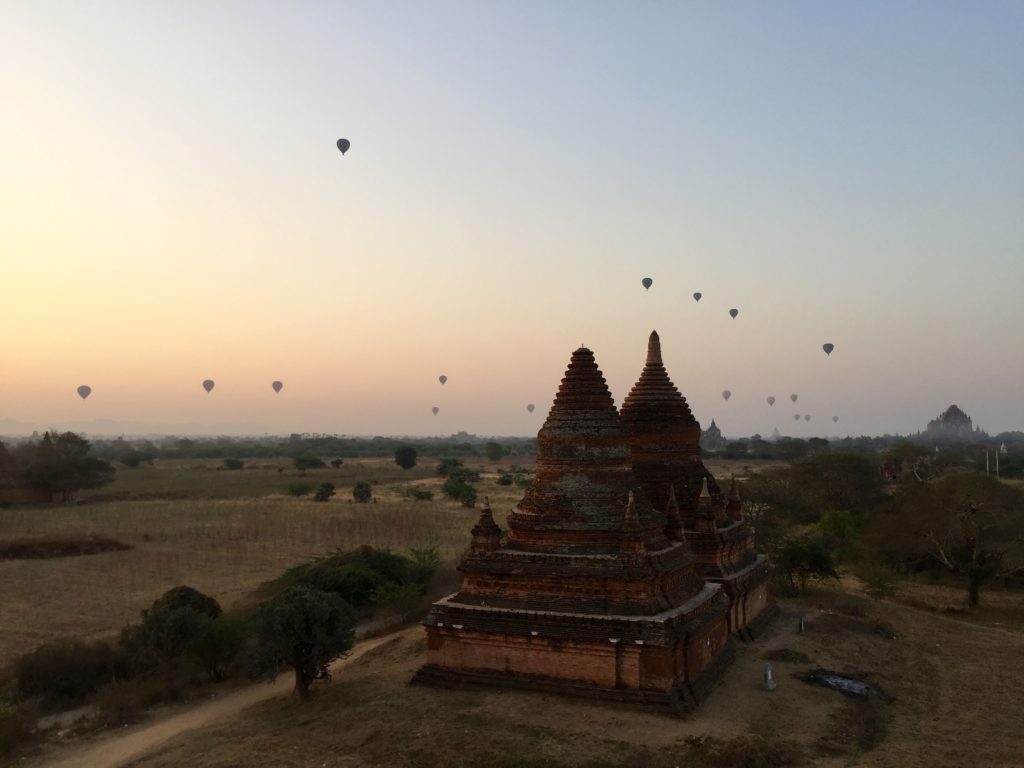 Hot air balloons in the air, Bagan, Myanmar (Burma)