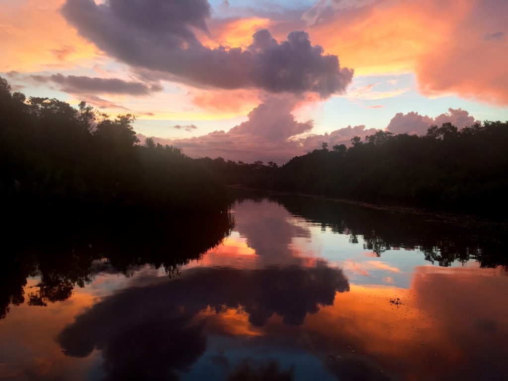 Reflective sunset, Sekonyer River, Tanjung Puting National Park, Borneo (Kalimantan), Indonesia