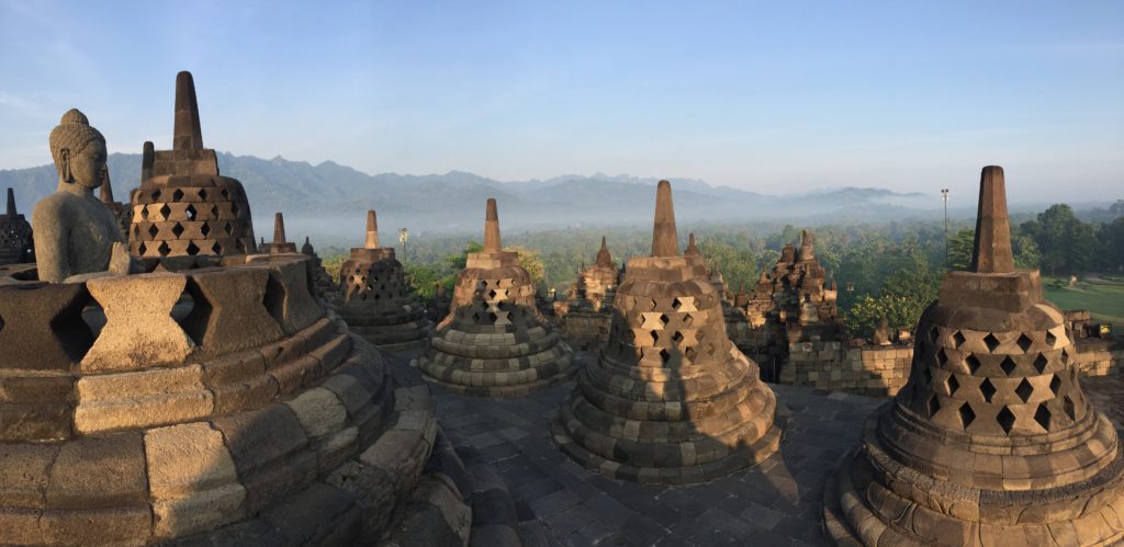 Perforated stupas at sunrise, Borobudur, Java, Indonesia
