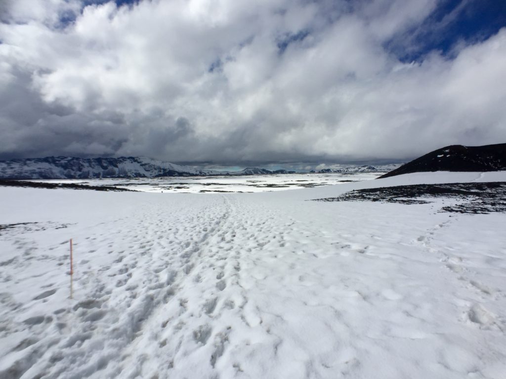Snow field, cloudy sky, Highlands, Iceland