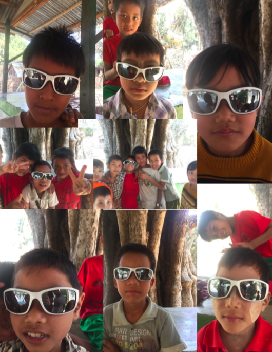 Photo collage of eight or nine children wearing my white sunglasses.