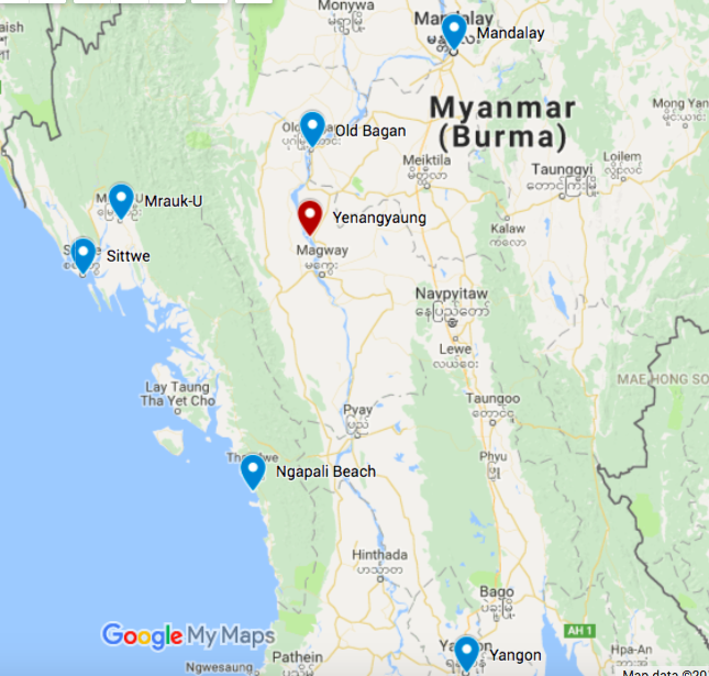 Google map of Myanmar with Yenangyaung at the center