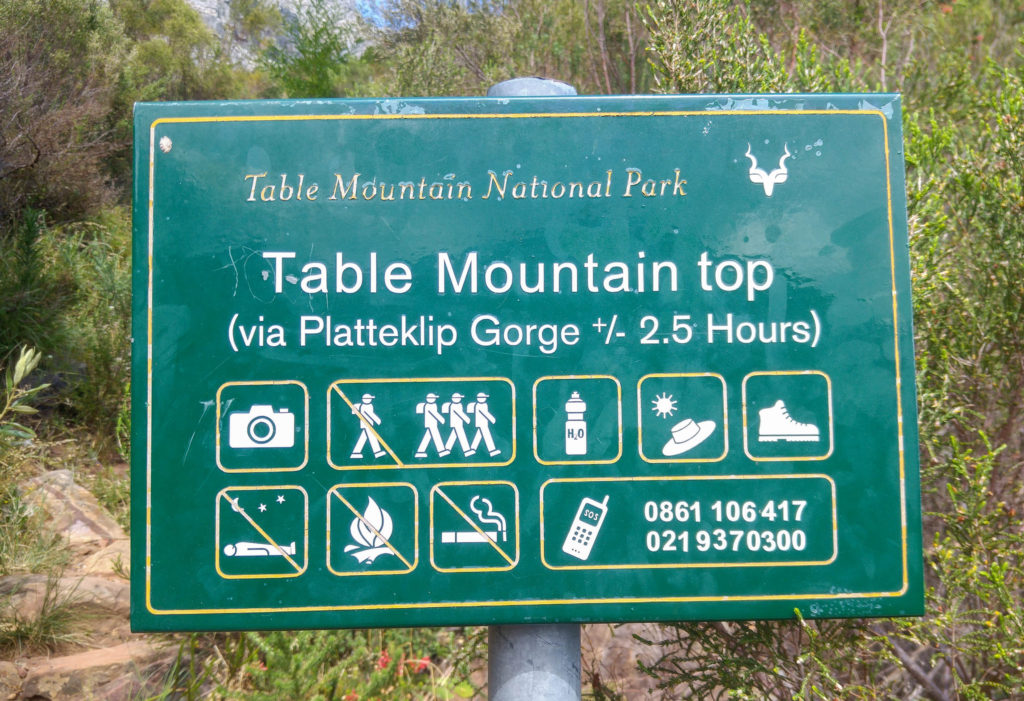 Platteklip Gorge trail sign on Table Mountain