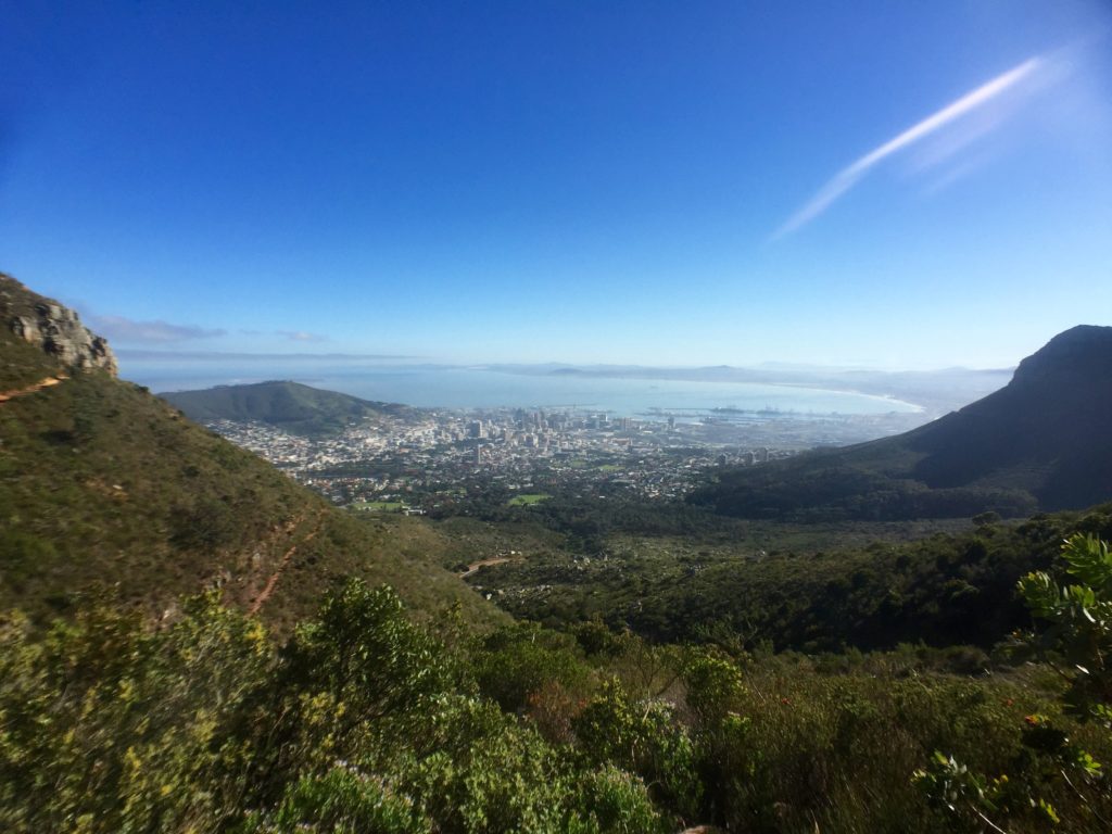 Looking down at Cape Town from halfway up Table Mountain
