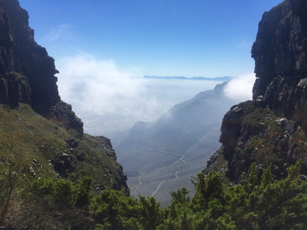 Rock walls frame the view from the Platteklip Gorge Trail on Table Mountain
