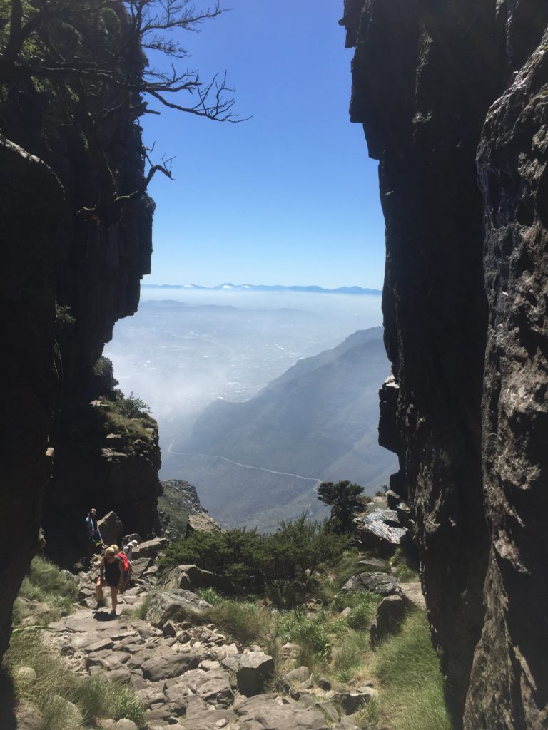 Foggy view through a narrow chasm