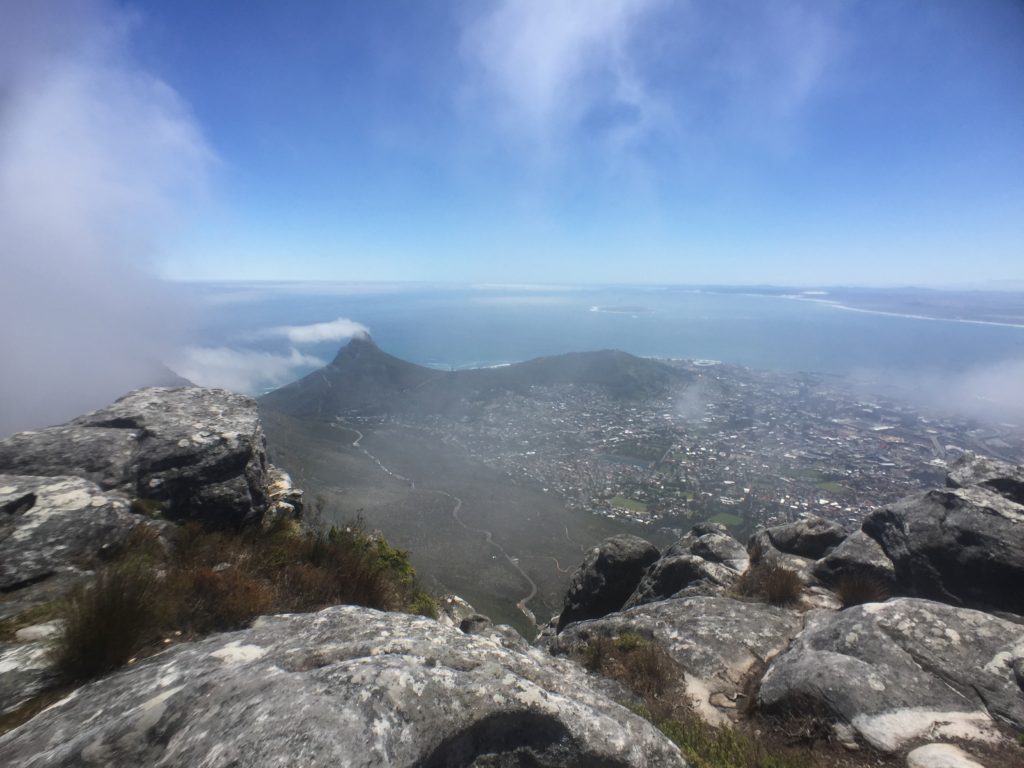 Looking through the clouds down to Cape Town from the top of Table Mountain