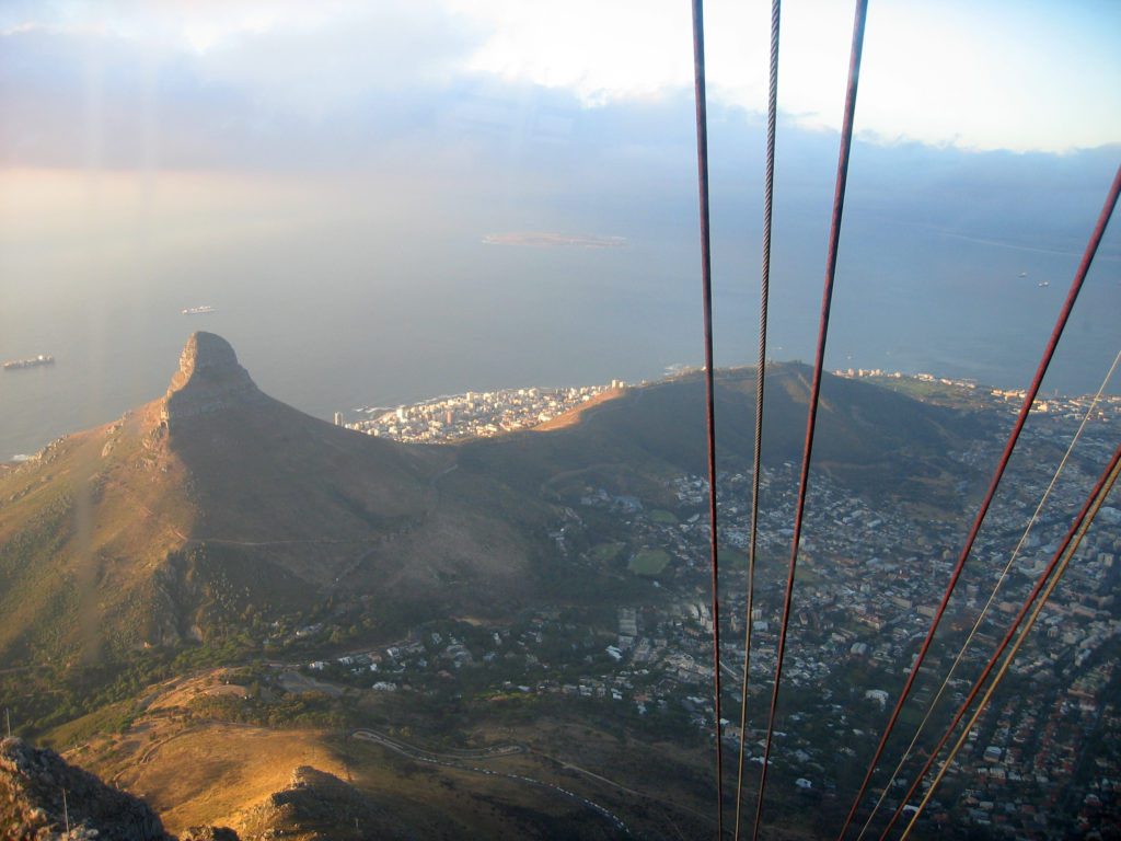 Looking down the cable car cables into Cape Town