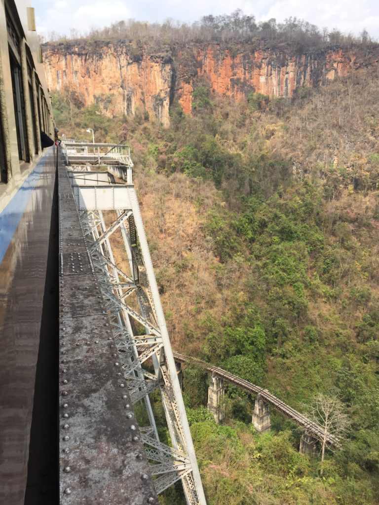 Photo from side window of train and Goteik Viaduct as we near the end of the bridge