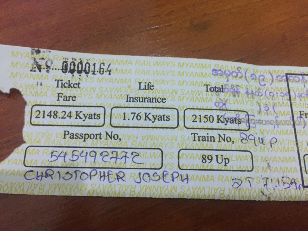Ordinary class paper ticket for the Yangon train to Mawlamyine
