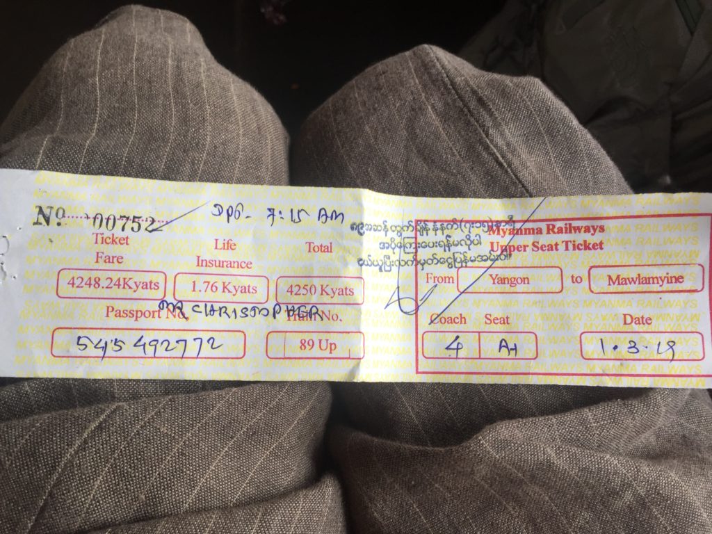 Upper class paper ticket on the Yangon train to Mawlamyine