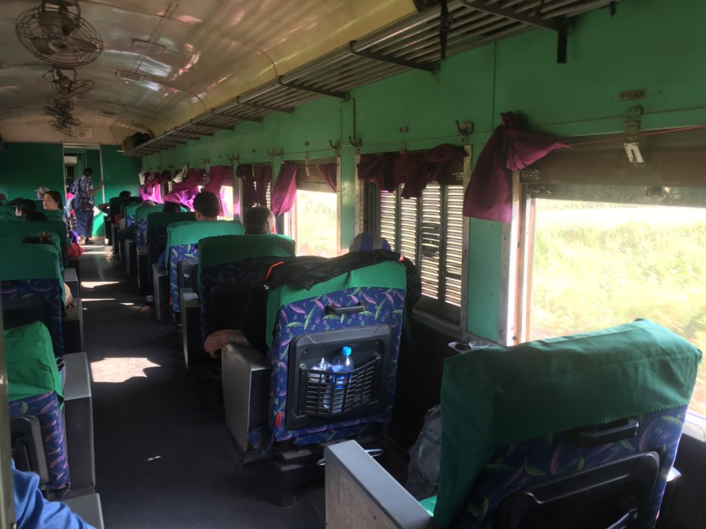 Upper class carriage on the Yangon train to Mawlamyine