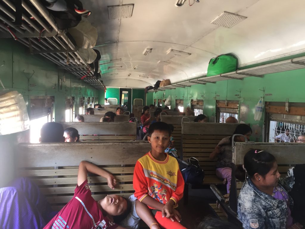 Ordinary class carriage on the Yangon train to Mawlamyine