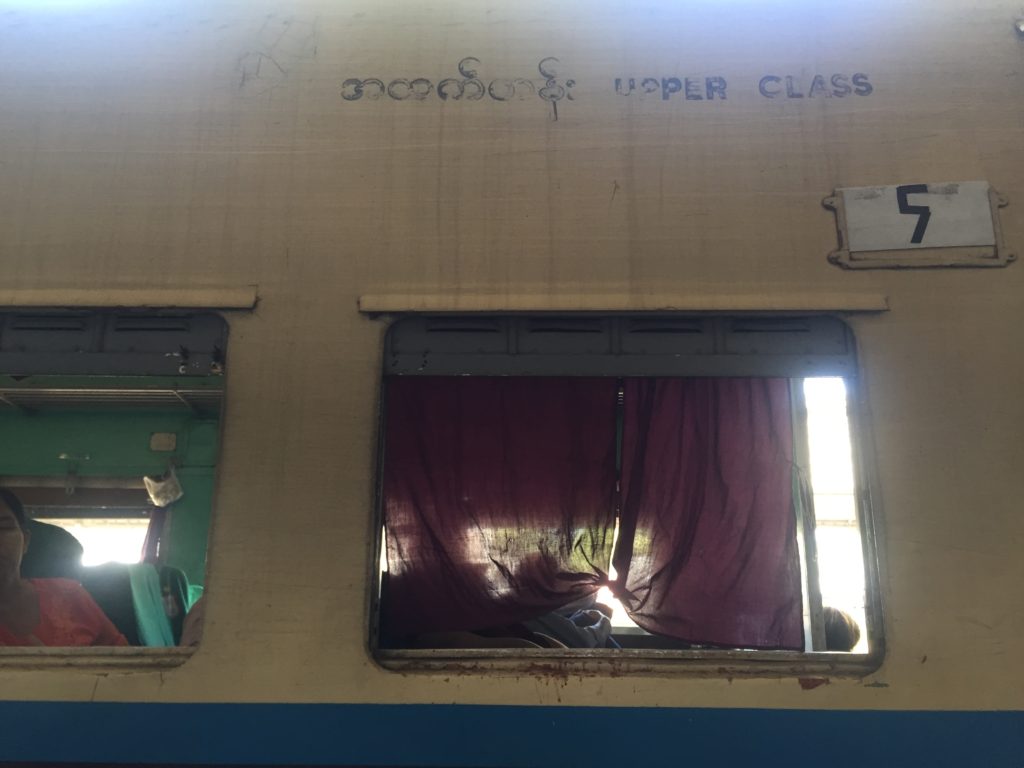 Outside view of the upper class Myanmar Railways carriage 