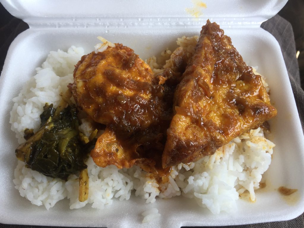Vegetarian lunch in a white styrofoam box on the Yangon train to Mawlamyine