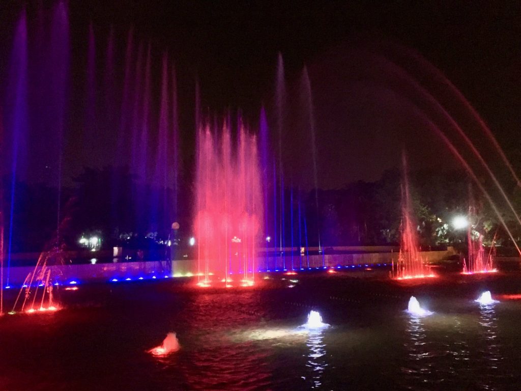 Pink fountains squirt water at night in Naypyidaw's Water Fountain Garden